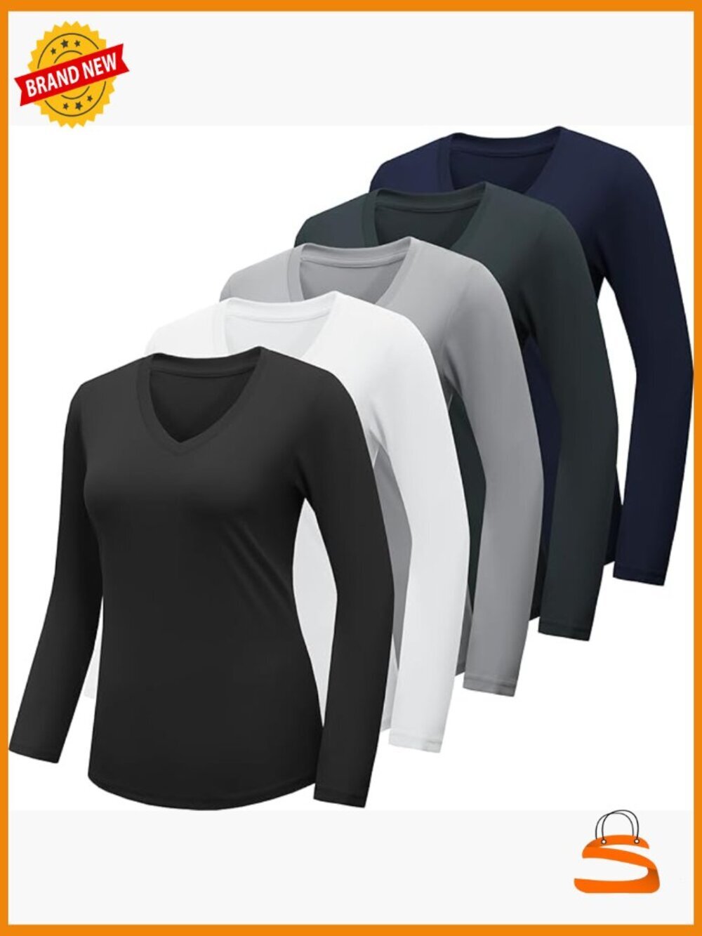Long Sleeve V Neck Athletic Shirts Moisture Wicking Quick Dry 5 Pack